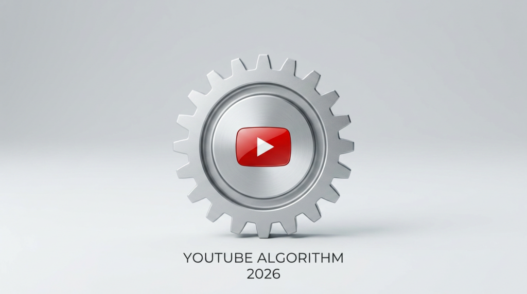 Metallic gear with YouTube play button icon and text 'YOUTUBE ALGORITHM 2026'