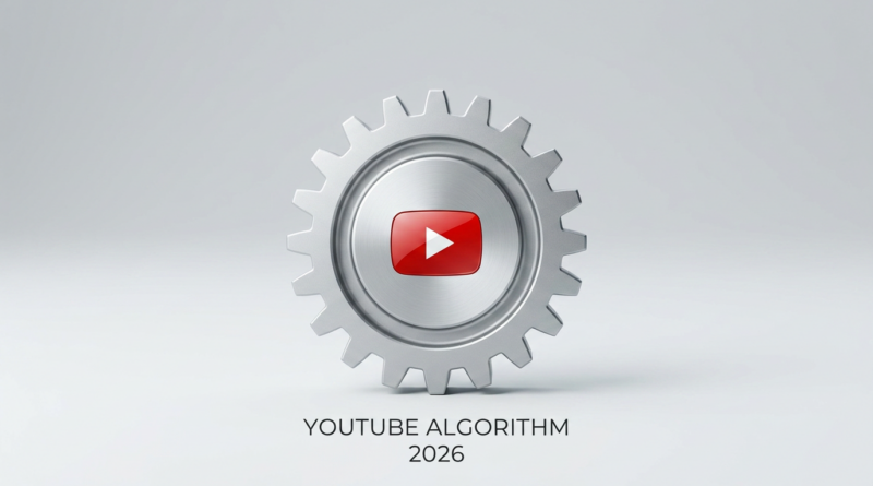 Metallic gear with YouTube play button icon and text 'YOUTUBE ALGORITHM 2026'