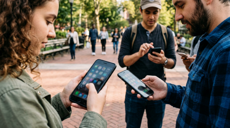 Three people standing outdoors using smartphones