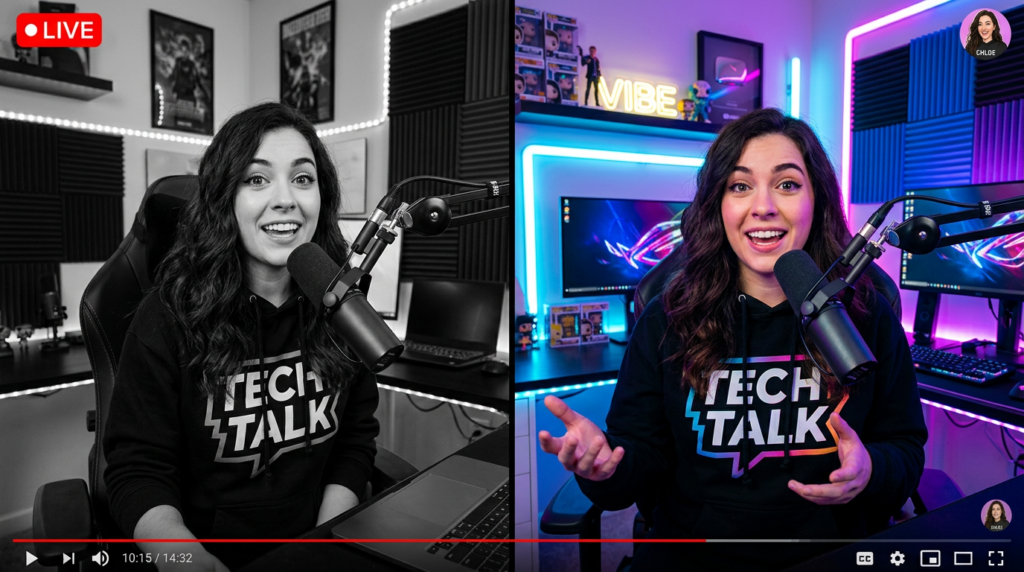 Woman hosting a tech livestream in two studio environments, one black and white, one colorful