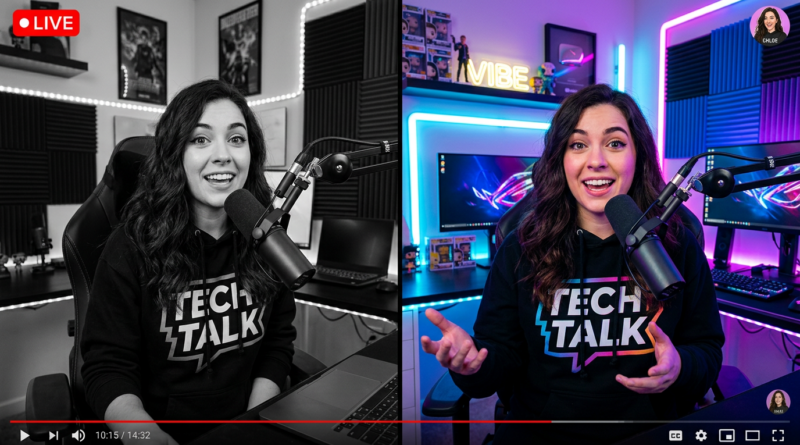 Woman hosting a tech livestream in two studio environments, one black and white, one colorful