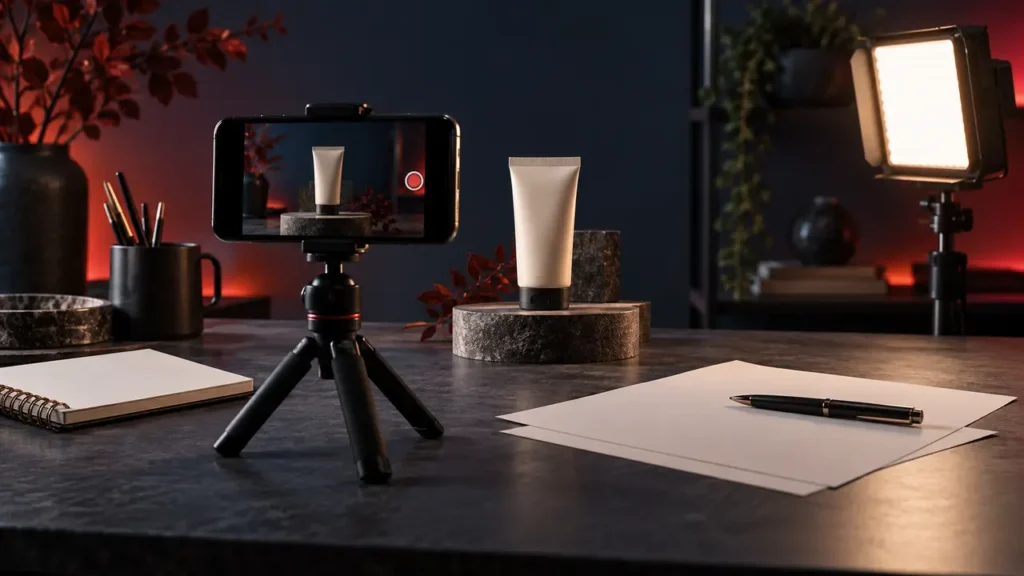 Smartphone grava vídeo UGC de produto em estúdio doméstico