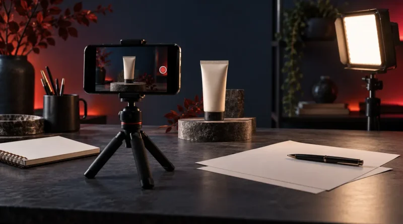 Smartphone grava vídeo UGC de produto em estúdio doméstico