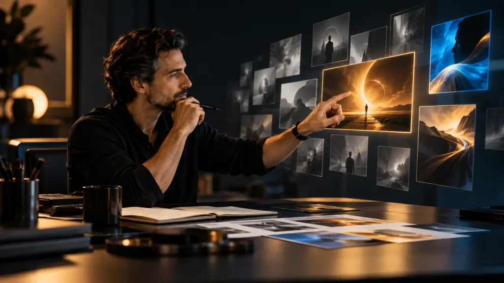 Diretor criativo selecionando conceitos visuais gerados com inteligência artificial