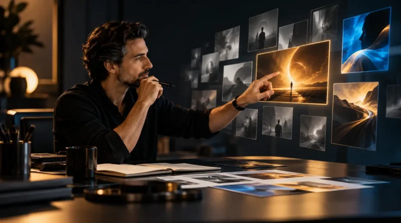 Diretor criativo selecionando conceitos visuais gerados com inteligência artificial