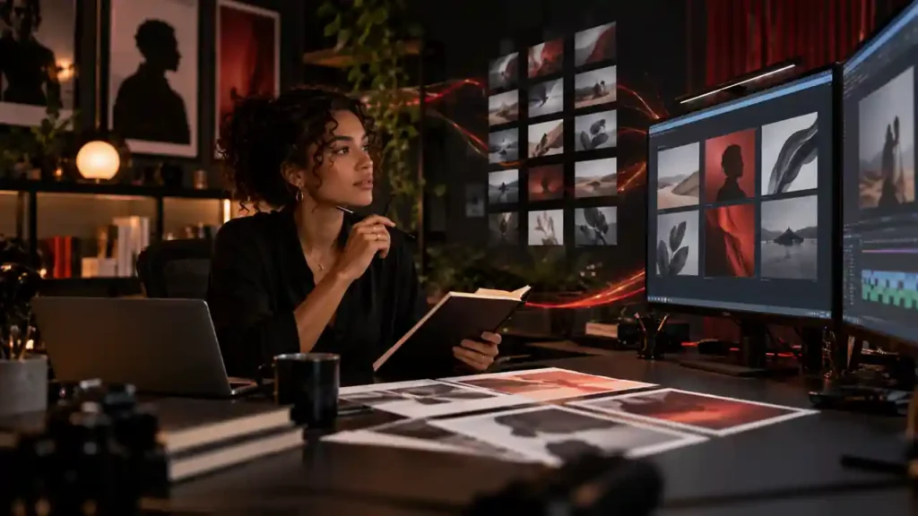 Criadora dirigindo uma produção visual assistida por inteligência artificial