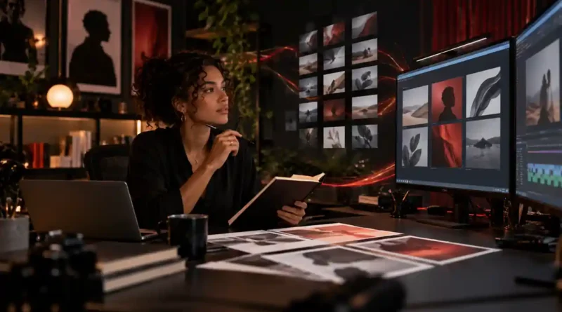 Criadora dirigindo uma produção visual assistida por inteligência artificial