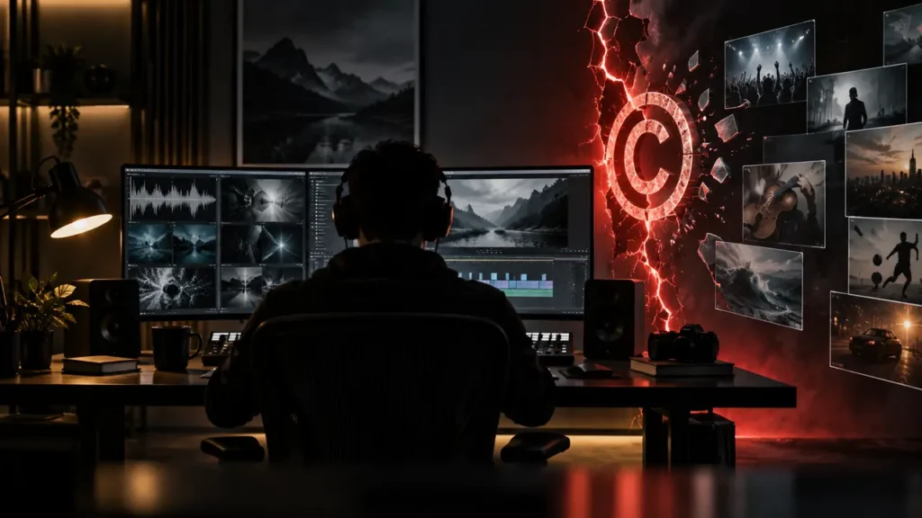Criador editando vídeo diante de alerta sobre conteúdo protegido