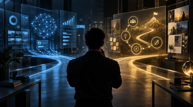 Criador comparando recomendações de inteligência artificial com decisões estratégicas