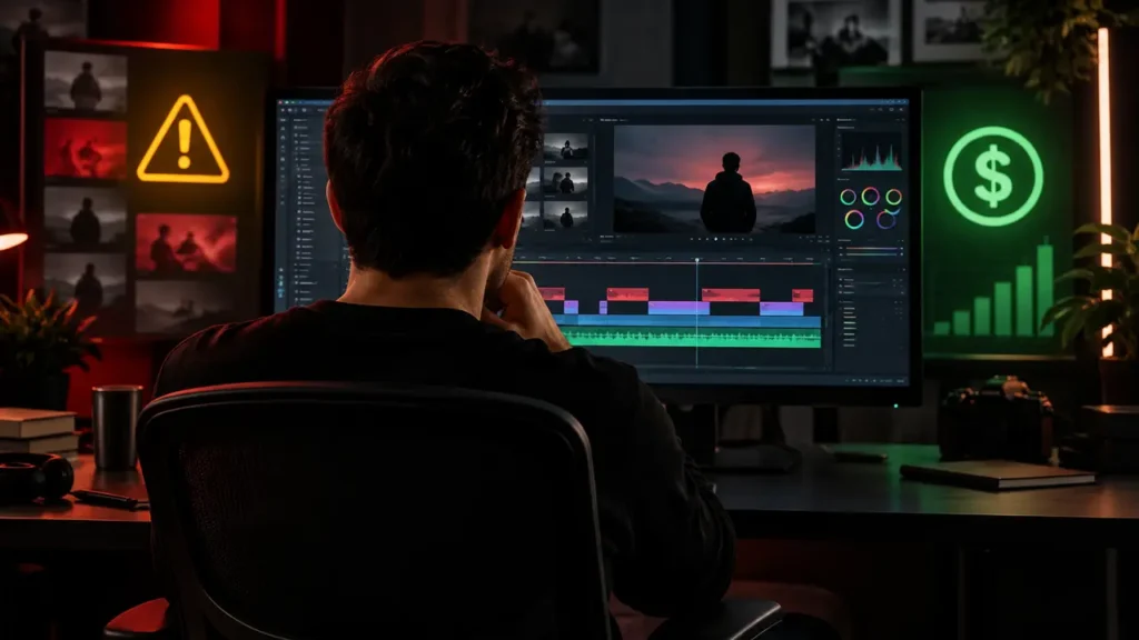 Criador revisando riscos de monetização em uma edição de vídeo