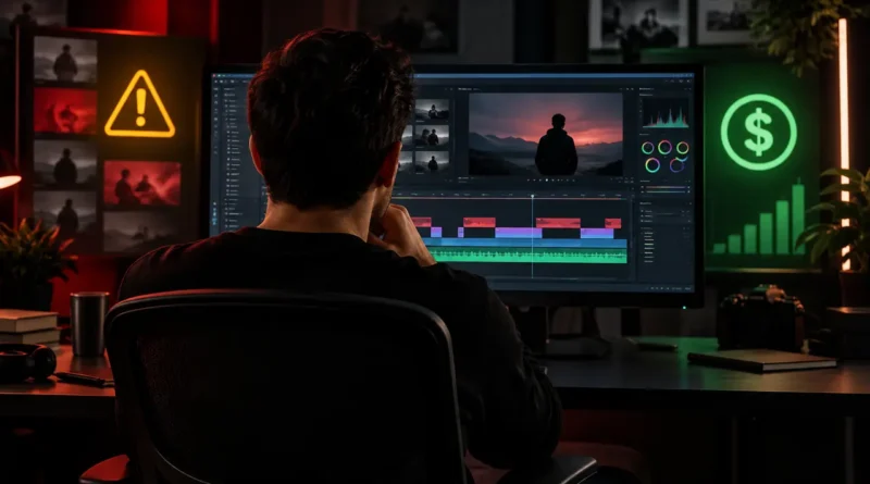 Criador revisando riscos de monetização em uma edição de vídeo